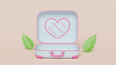 Summer travel with open empty suitcase, leaf isolated on pink background. 3.. Stock Footage 276678222