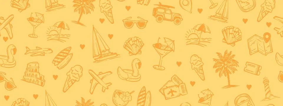 Summer travel seamless pattern, hand drawn doodle holiday exotic background Illustrazione stock