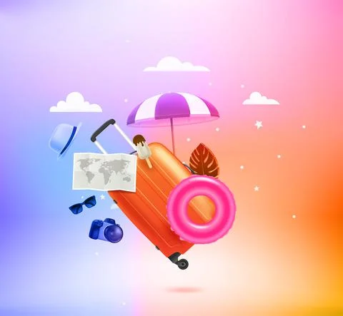 Summer travel stuff with Levitation effect. 3d vector illustration Ilustração Stock