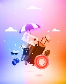 Summer travel stuff with Levitation effect. 3d vector illustration Stock-Illustration