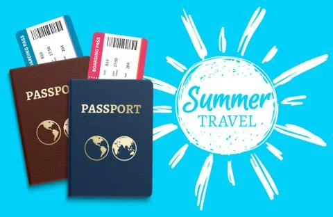 Summer travel vector background with sketch sun and realistic passports Stock Illustration