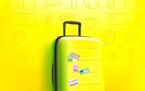 Summer travel vector concept. Composition with travel bag and lettering logo Stock Illustration