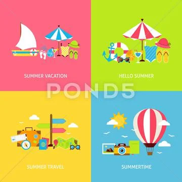 Summer Travel Vector Flat Concepts Set Stock Illustration