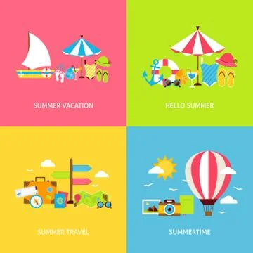 Summer Travel Vector Flat Concepts Set Stock Illustration
