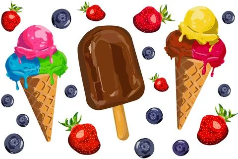 Summer treats vector set, ice cream cones, popsicles, berries, strawberries.. Stock Illustration