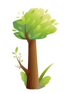 Summer Tree Trunk with Green Leaves Illustration Stock Illustration