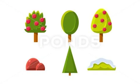 Summer trees, bushes, nature landscape elements set, gaming environment, assets Stock Illustration