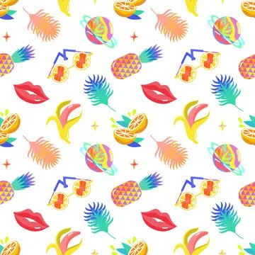 Summer trendy pattern seamless with pineapple, palm leaf, cocktail, sunglasse Stock Illustration