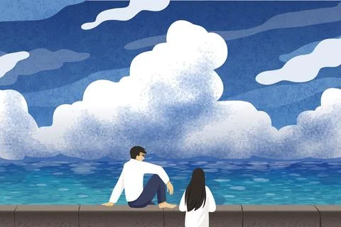 Summer trip. People looking at ocean landscape. Sky clouds. Water waves. Ae.. Stock Illustration