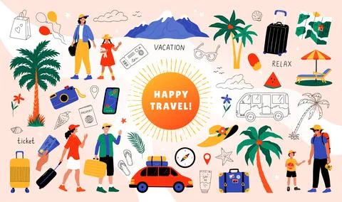 Summer trip. Train or car travel. Happy people vacation. Family tourism. Bu.. Stock Illustration
