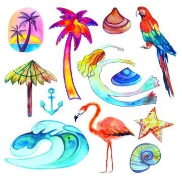 Summer tropic paradise elements set. Bright watercolor hand drawn style isola Stock Illustration