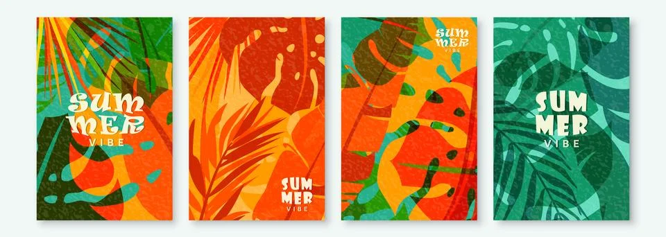 Summer tropic pattern set background. Tropical jungle leaves poster design wi Stock Illustration