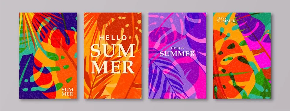 Summer tropic pattern set background. Tropical jungle leaves poster design wi Stock Illustration
