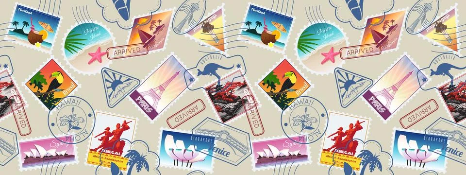 Summer tropic vacation seamless pattern. Post stamp. Sea beach. Trip passport Stock Illustration