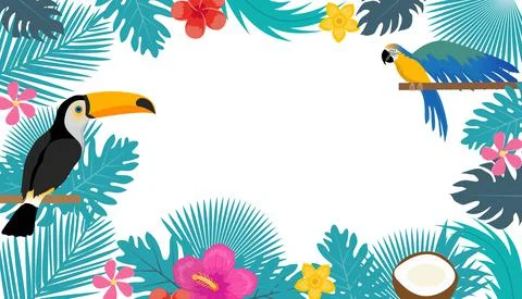 Summer Tropical Background with space for text. Toco toucan and Macaw on Stock Illustration