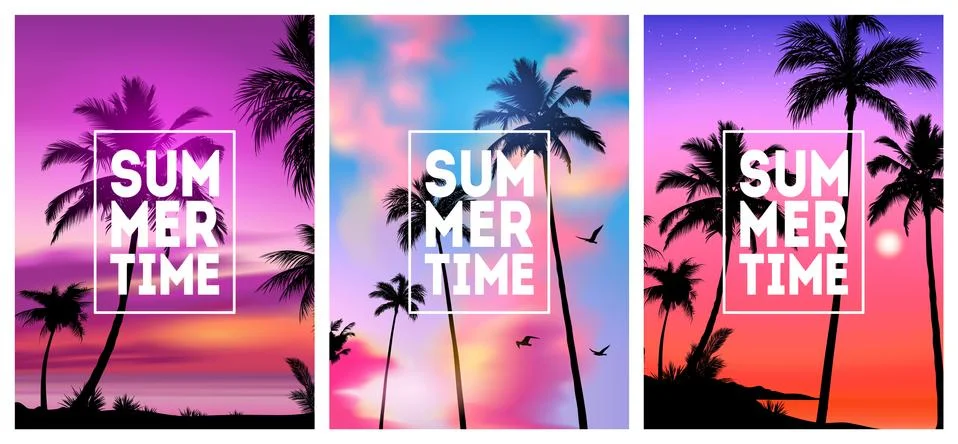 Summer tropical backgrounds set with palms, sky and sunset. Summer placard Stock Illustration