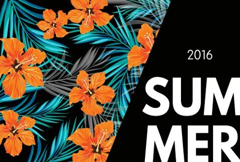 Summer tropical hawaiian background with palm tree leaves and exotic flowers Stock Illustration