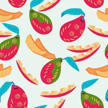 Summer tropical mango seamless pattern vector illustration. Pattern design. Stock Illustration