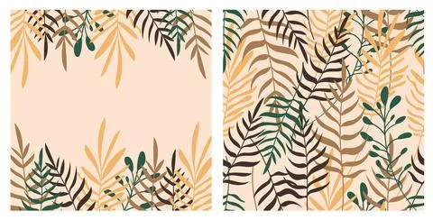 Summer tropical pattern in boho style. Earthy beige, green colors. Botanical Stock Illustration