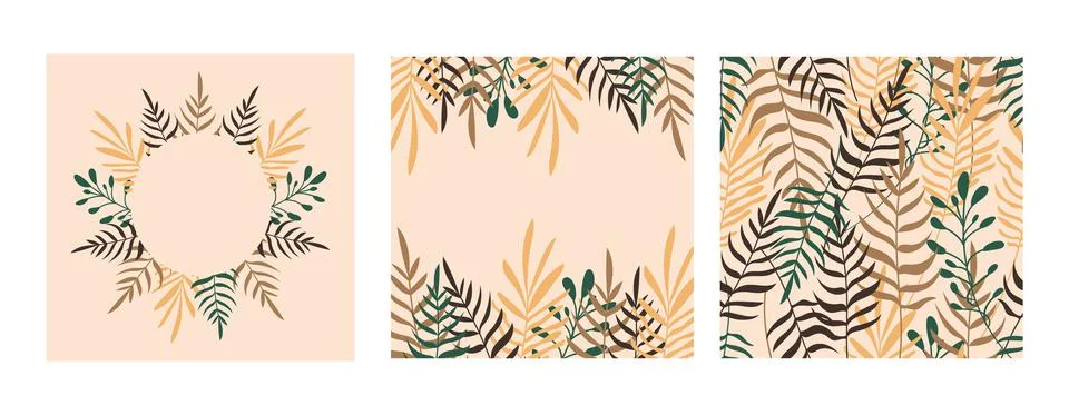Summer tropical pattern in boho style. Earthy beige, green colors. Botanical Stock Illustration