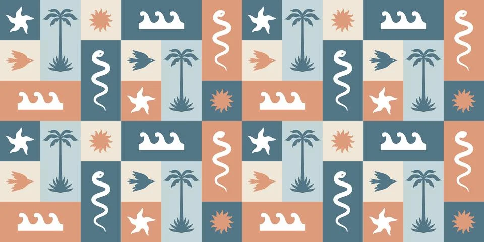Summer tropical pattern boho style. Palm trees starfish wave sun bird snake Stock Illustration