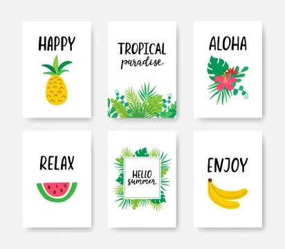 Summer tropical poster A4 set with hand drawn lettering. Summer vacation bann Stock Illustration