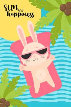 Summer tropical poster with Cute rabbit in sunglasses on waterproof rubber Stock Illustration