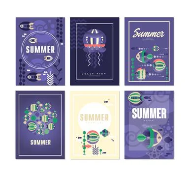 Summer Tropical Poster with Flat Exotic Fish and Blue Underwater Life Vector Set Illustrazione stock