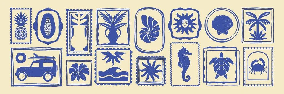 Summer tropical print set, vector hand drawn exotic surf vintage sticker Stock Illustration