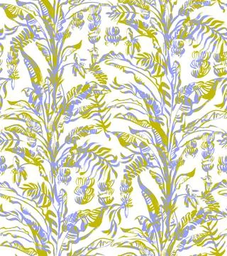 Summer tropical seamless pattern with a blue and green palm tree and growing Stock Illustration