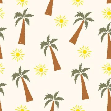 Summer tropical seamless pattern featuring hand drawn palm trees and sun motifs 库存插图