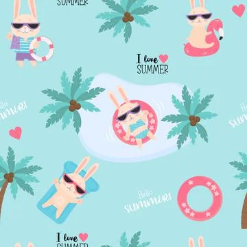 Summer tropical seamless pattern. Funny beach bunnies in sunglasses swim on w Stockillustratie