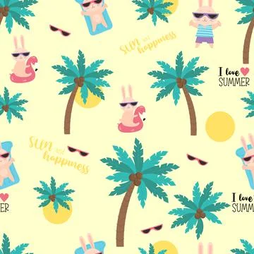 Summer tropical seamless pattern. Funny rabbits beachgoers in sunglasses and  イラスト素材
