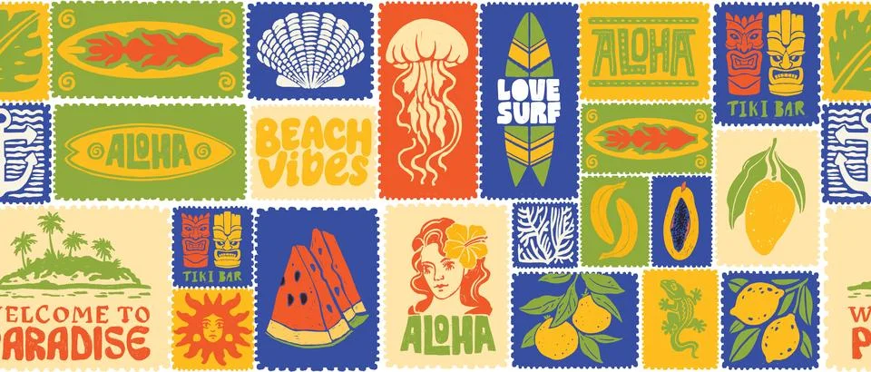 Summer tropical seamless pattern, hand drawn exotic vacation tile background Stock Illustration