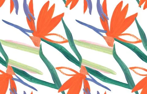 Summer tropical seamless pattern with orange Strelitzia royal flower on a white Illustrazione stock