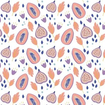 Summer tropical seamless pattern with papaya and figs. Textured fruit endless Illustrazione stock