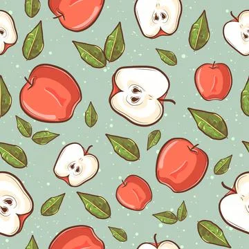 Summer tropical seamless pattern with red apples and green leaves. Stock Illustration