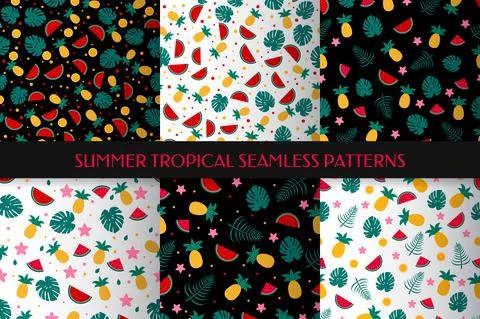 Summer tropical seamless pattern set. Seasonal background bundle. Vector  tem Stock Illustration