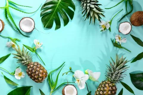 Summer tropical theme background, flat lay composition with a space for a tex Stock Photos