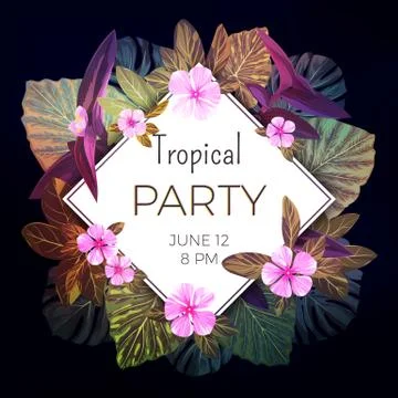 Summer tropical vector background with exotic palm leaves and pink flowers Stock Illustration