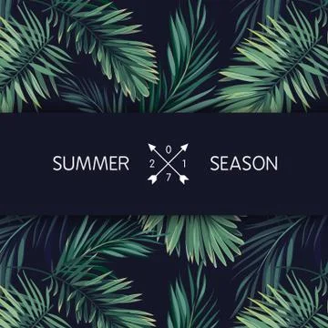Summer tropical vector design for banner or flyer with dark green palm leaves 库存插图