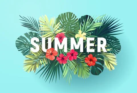 Summer tropical vector design for banner or flyer with exotic palm leaves Stock Illustration