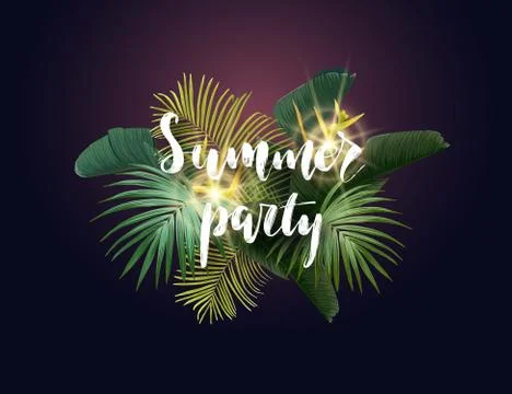 Summer tropical vector design with exotic green palm leaves, flowers and Stock Illustration