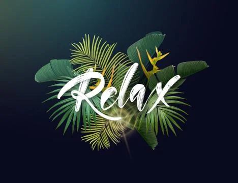 Summer tropical vector design with exotic green palm leaves, flowers and Stock Illustration