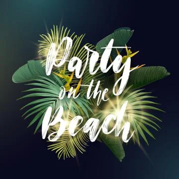 Summer tropical vector design with exotic green palm leaves, flowers and Stock Illustration