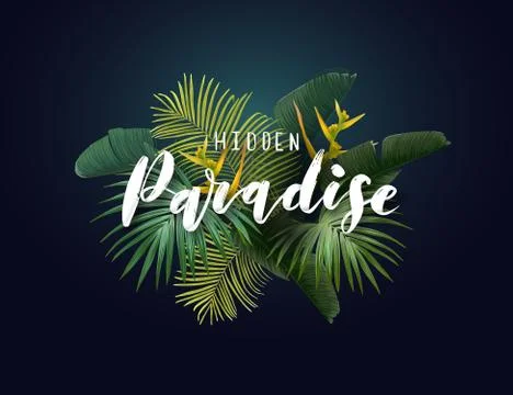 Summer tropical vector design with exotic green palm leaves, flowers and 库存插图