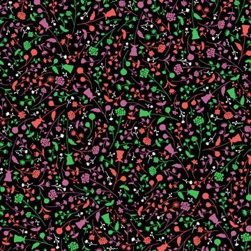 Summer twig seamless pattern. small flowers on black. Natural stalk twig bran Stock Illustration