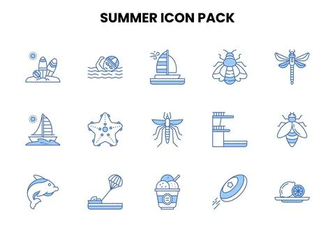 Summer Two Color Blue Collection Icons Pack Stock Illustration