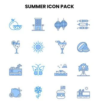 Summer Two Colour Set Icons Pack Stock Illustration