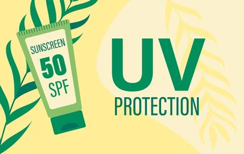 Summer UV protection concept. Sunscreen SPF 50 tube, tropical Palm Leaves. .. Stock Illustration